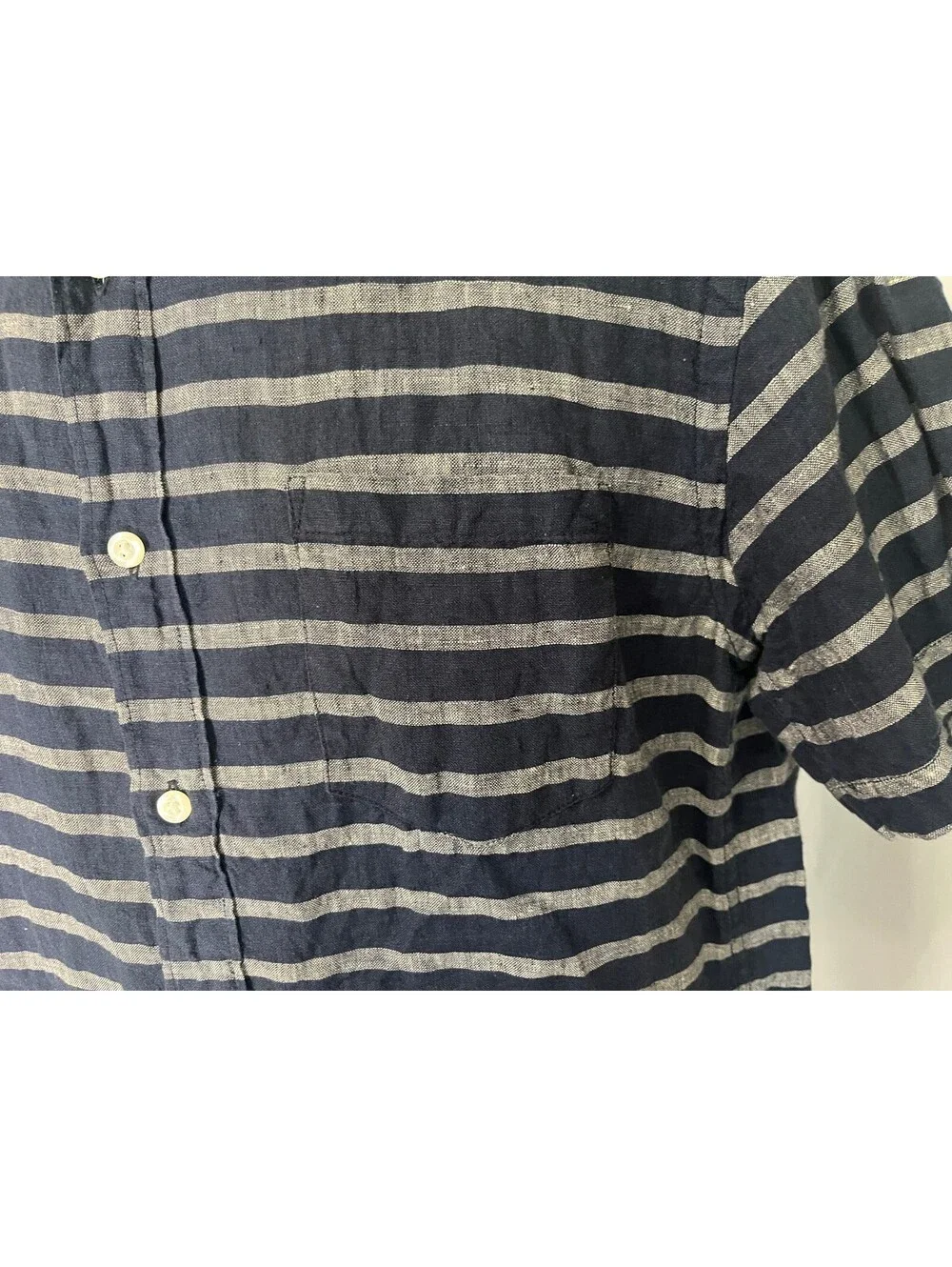 J. Crew Men's Navy Blue Gray Striped Short Sleeve 100% Linen Shirt Medium M
